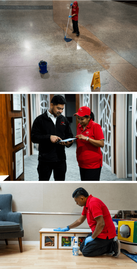 Three-part image showing key ISO-certified cleaning benefits: a wet floor safety cone symbolising risk reduction, a person completing a report symbolising documentation and audits, and eco-friendly cleaning products symbolising safe chemical handling