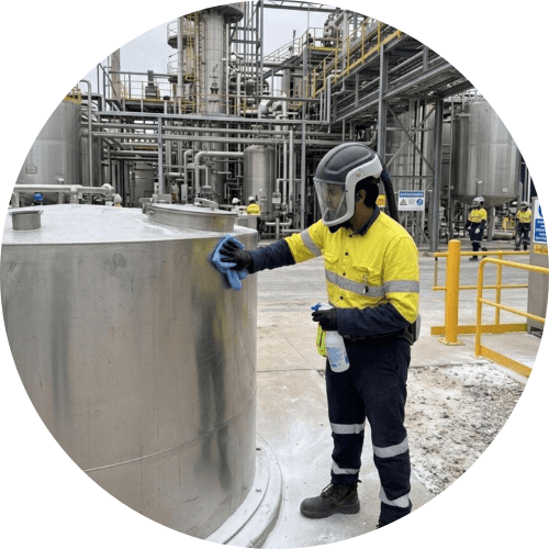 industrial site cleaner with mask and PPE for lithium site where even sweat become toxic 
