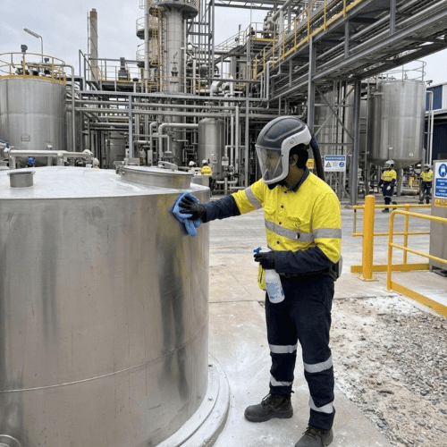"AMC cleaner in full PPE attending to a scheduled task at an industrial site, showcasing safety and professionalism."